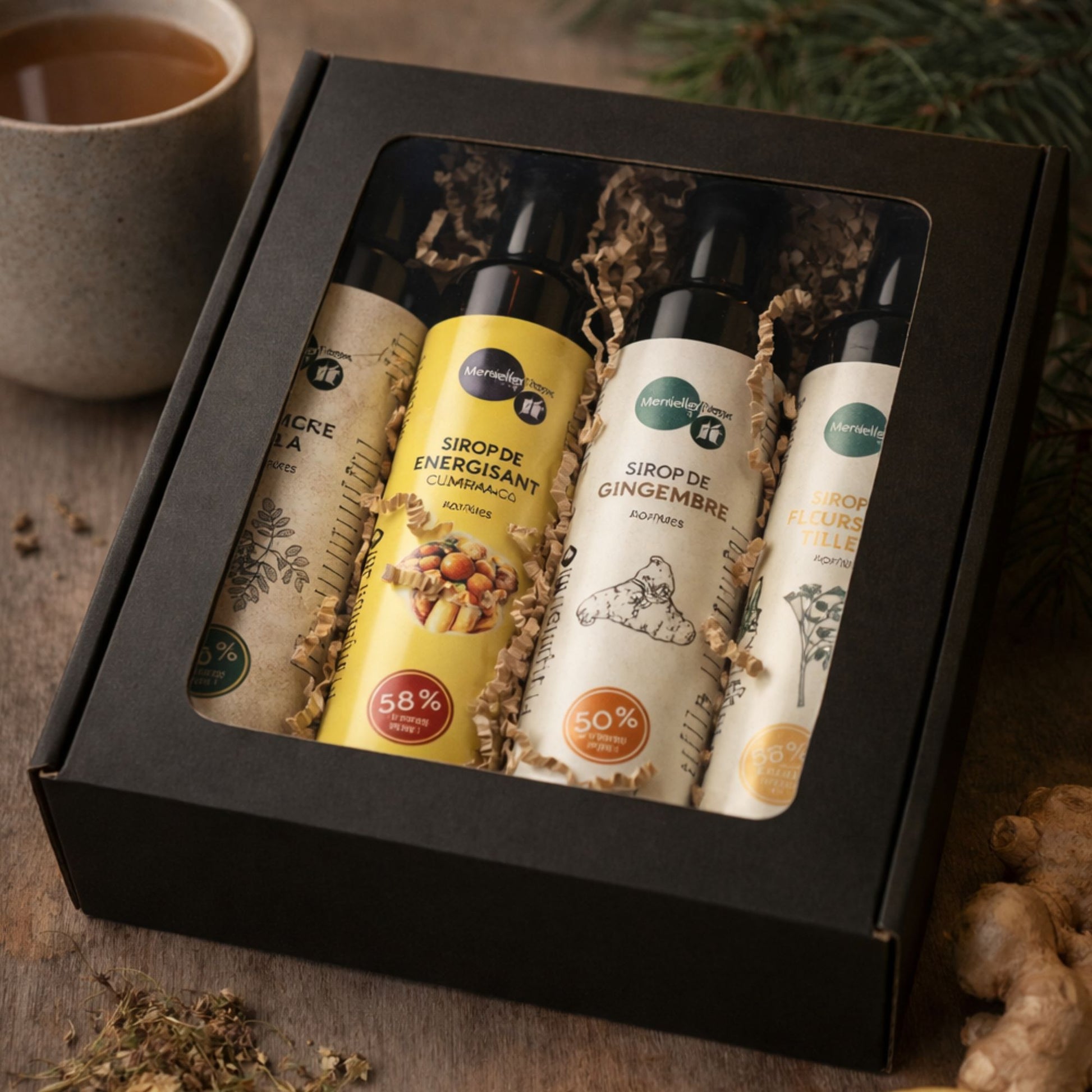 Coffret de sirops antiviraux naturels posé sur une table en bois, accompagné d’une tasse de tisane chaude, de gingembre frais et d’une branche de sapin.