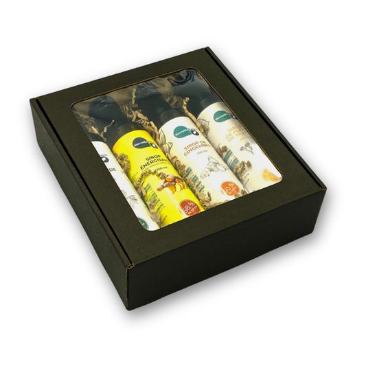Coffret de sirops antiviraux naturels pour booster les défenses immunitaires, incluant sirop de gingembre, sirop de pin, sirop de tilleul, et sirop énergisant.