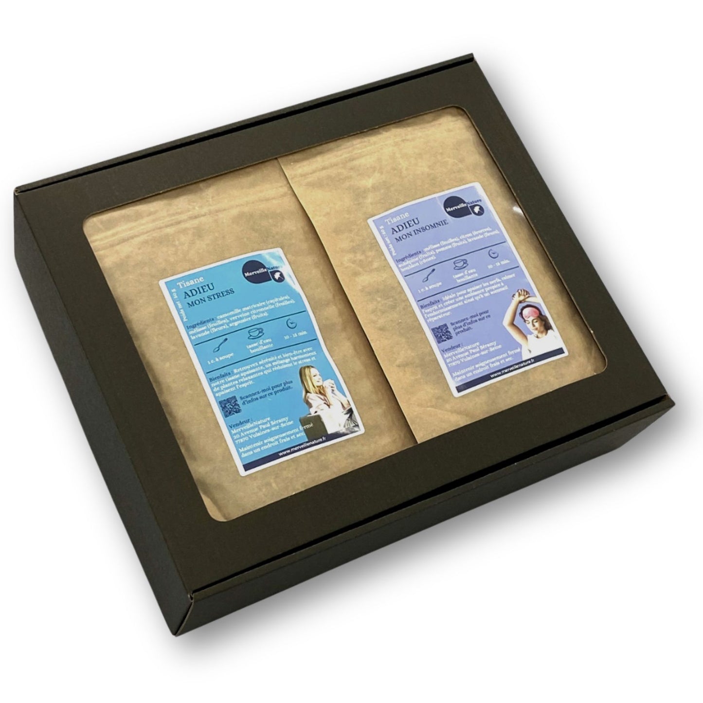 Coffret apaisant pour améliorer la qualité du sommeil, comprenant des mélanges de plantes relaxantes, des sirops au tilleul et des solutions pour gérer le stress.