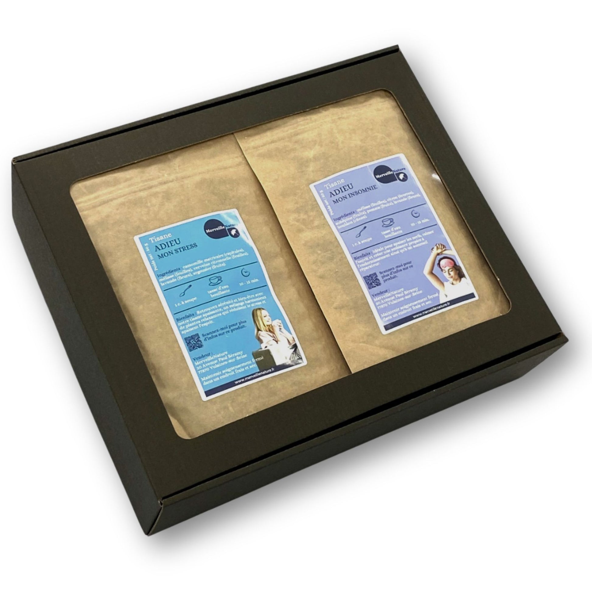 Coffret apaisant pour améliorer la qualité du sommeil, comprenant des mélanges de plantes relaxantes, des sirops au tilleul et des solutions pour gérer le stress.
