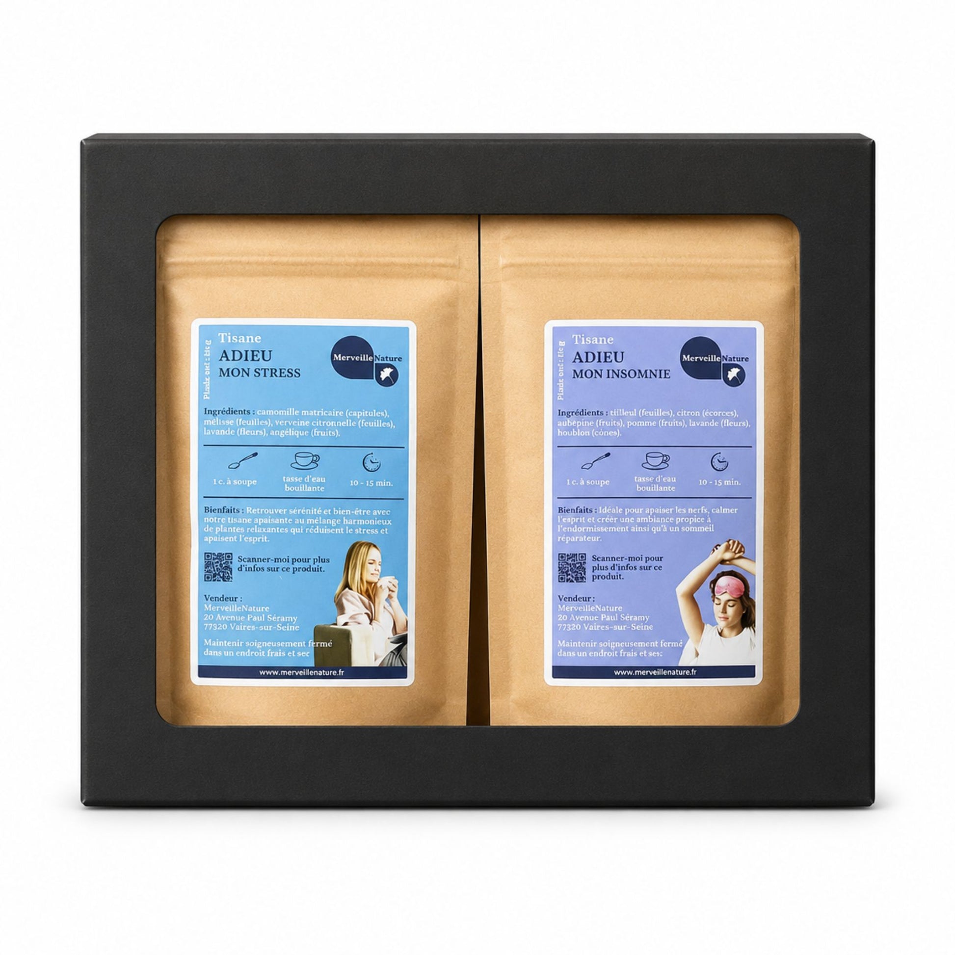 Coffret Sommeil et Relaxation MerveilleNature avec les tisanes bien-être Adieu Mon Stress et Adieu Mon Insomnie, composé de 5 plantes médicinales relaxantes favorisant la détente et le sommeil.