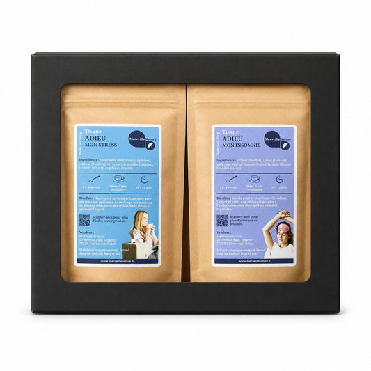 Coffret Sommeil et Relaxation MerveilleNature avec les tisanes bien-être Adieu Mon Stress et Adieu Mon Insomnie, composé de 5 plantes médicinales relaxantes favorisant la détente et le sommeil.