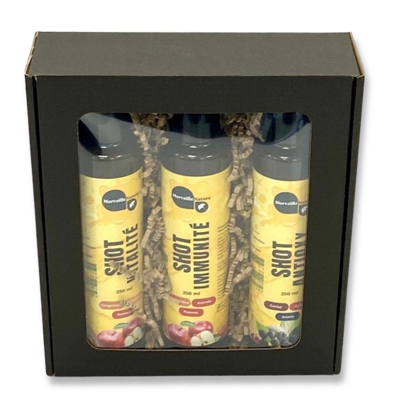 Coffret Power Shots dans un emballage écoresponsable avec bouteilles en verre recyclable