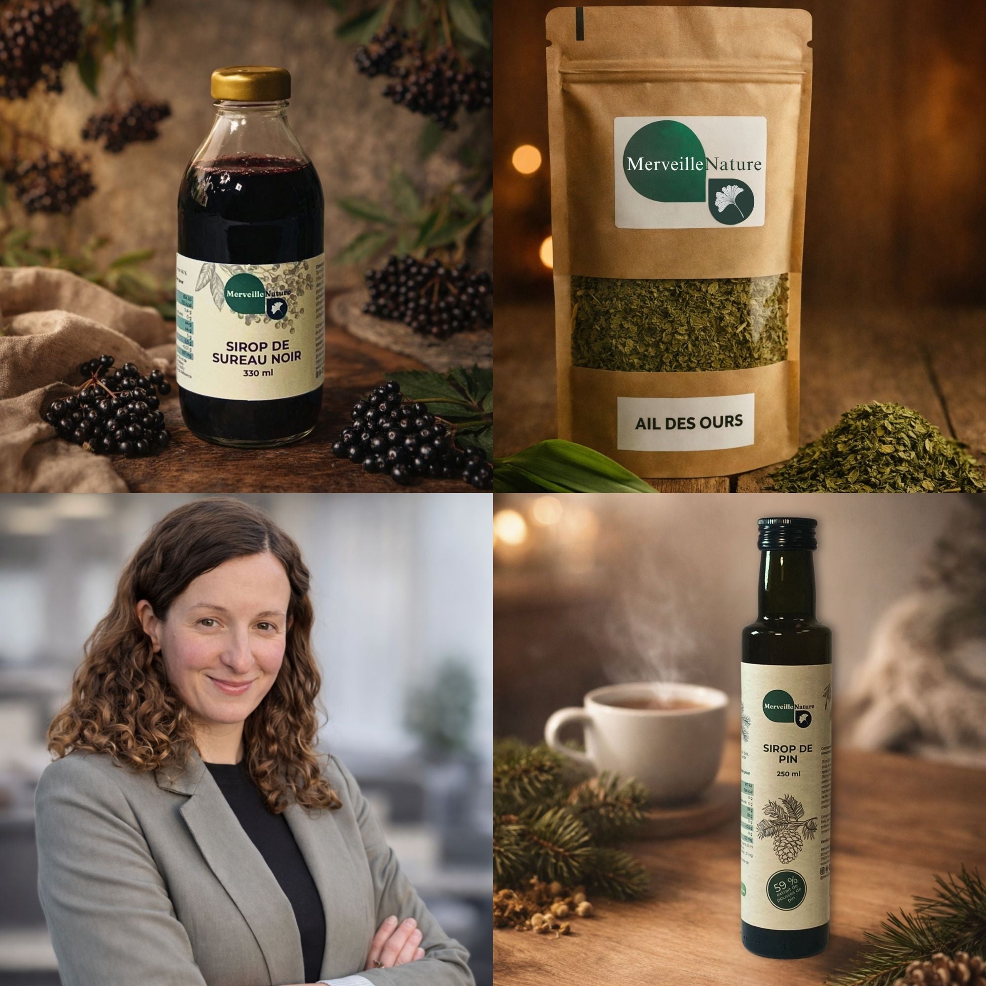 Collage de quatre images présentant la fondatrice de MerveilleNature ainsi que des produits naturels de la marque : un sachet d’ail des ours séché, une bouteille de sirop de sureau noir et une bouteille de sirop de pin, illustrant l’univers des plantes médicinales et des remèdes naturels.