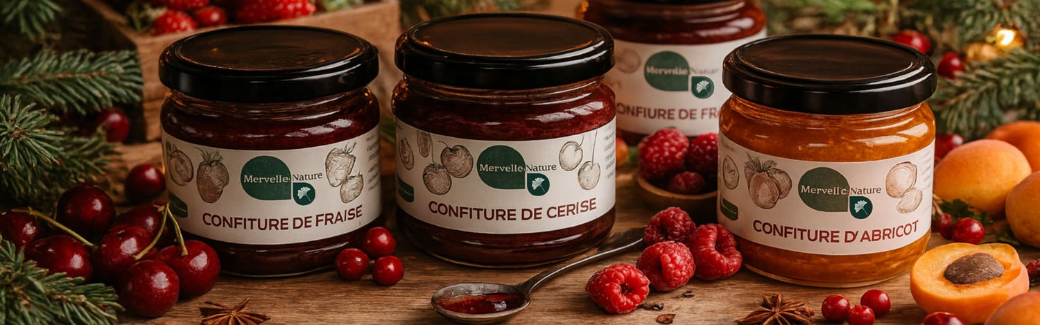 Pots de confitures artisanales MerveilleNature sur une table en bois, avec étiquettes élégantes, entourés de fruits frais (cerises, fraises, framboises), lumière chaude et naturelle, style flat lay moderne, ambiance gourmande et authentique.