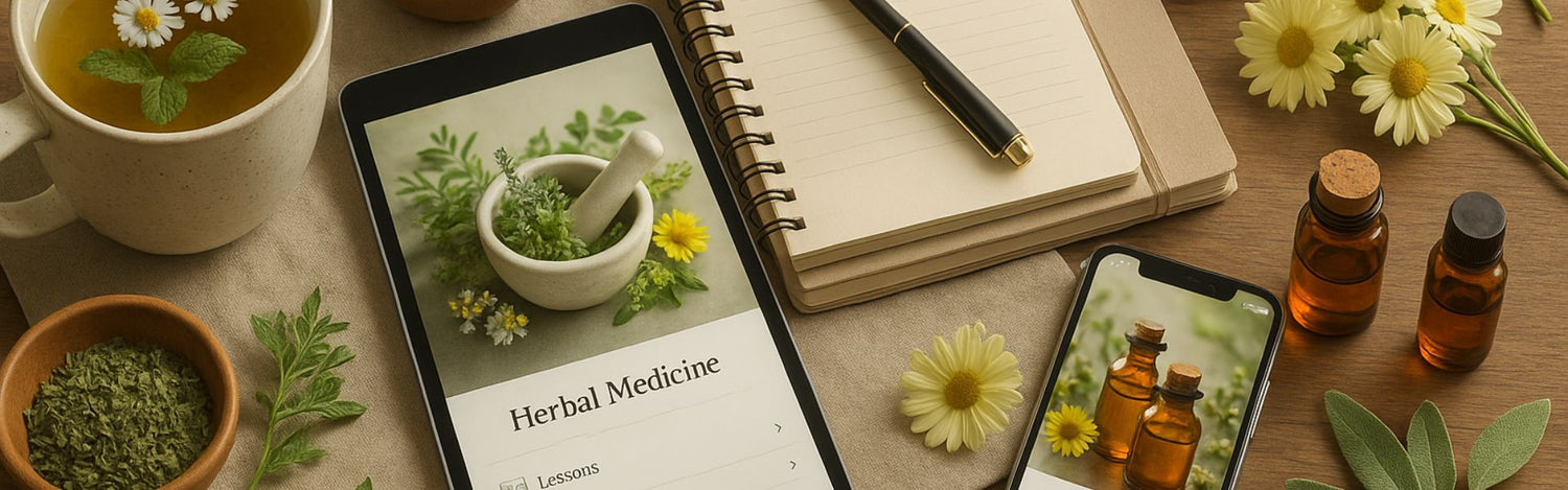 Banner représentant le bien-être et les remèdes naturels : une tasse de tisane, des herbes séchées dans un bol, des huiles essentielles, un journal et un stylo, une tablette affichant un cours sur Herbal Medicine et un téléphone montrant des huiles essentielles, symbolisant l’apprentissage et la pratique du bien-être naturel.