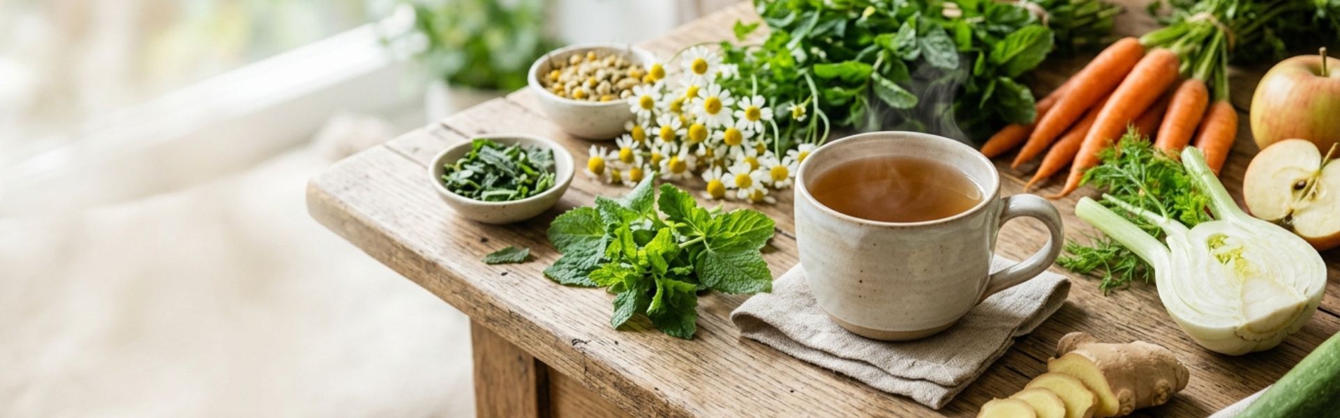 Légumes frais, plantes médicinales et tisane pour accompagner naturellement la digestion