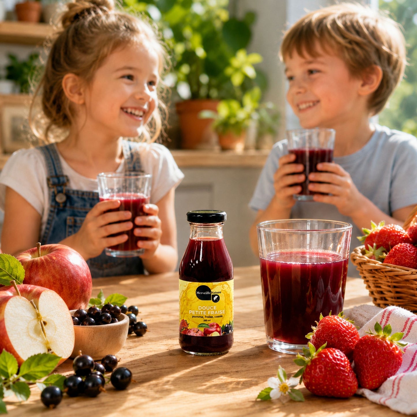 Bouteille Douce Petite Fraise MerveilleNature avec enfants, verre de jus, pommes, fraises et cassis dans une ambiance goûter naturelle.