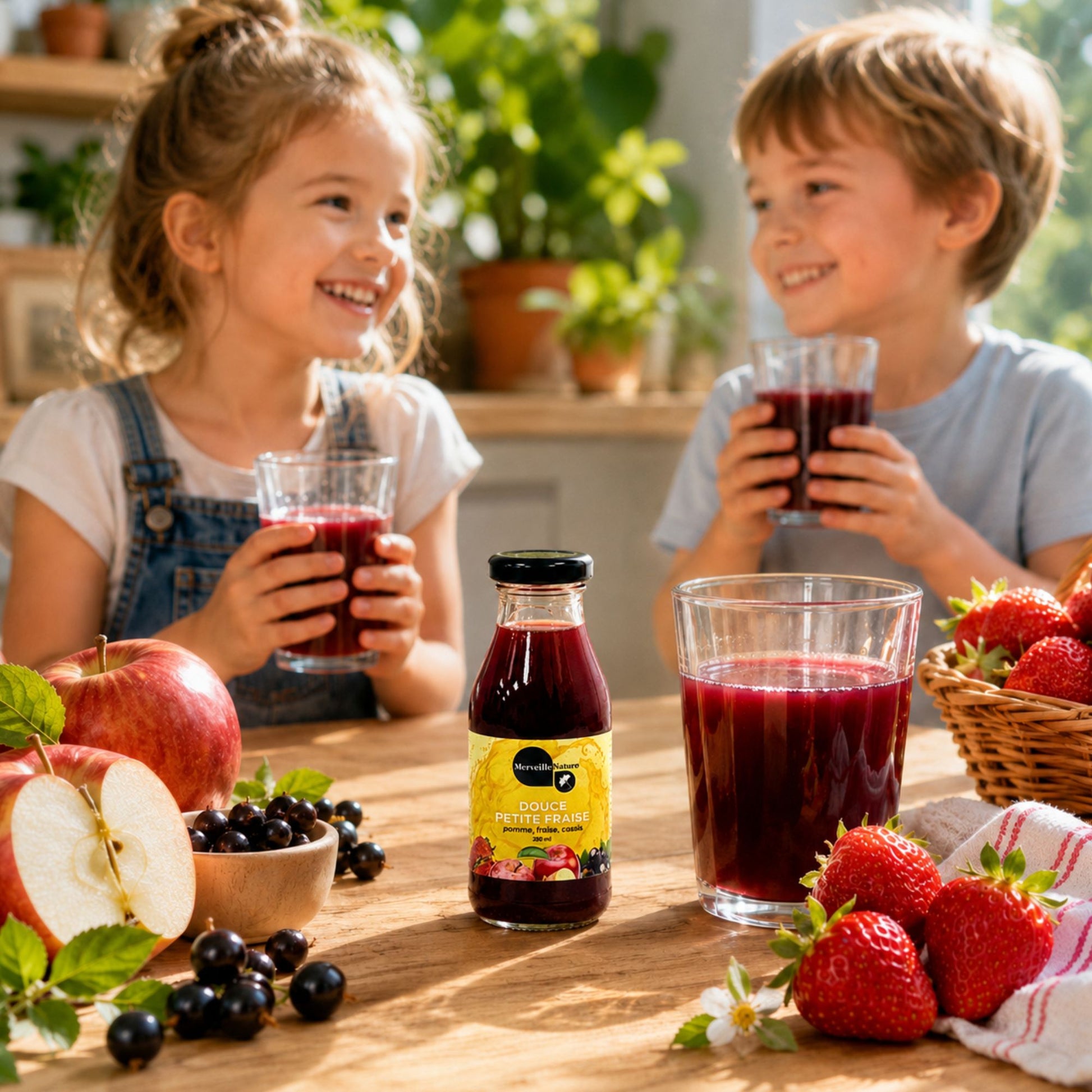 Bouteille Douce Petite Fraise MerveilleNature avec enfants, verre de jus, pommes, fraises et cassis dans une ambiance goûter naturelle.