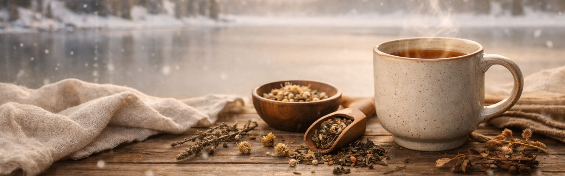 Tisane chaude aux plantes, ambiance hivernale enneigée et naturelle, bien-être et immunité.