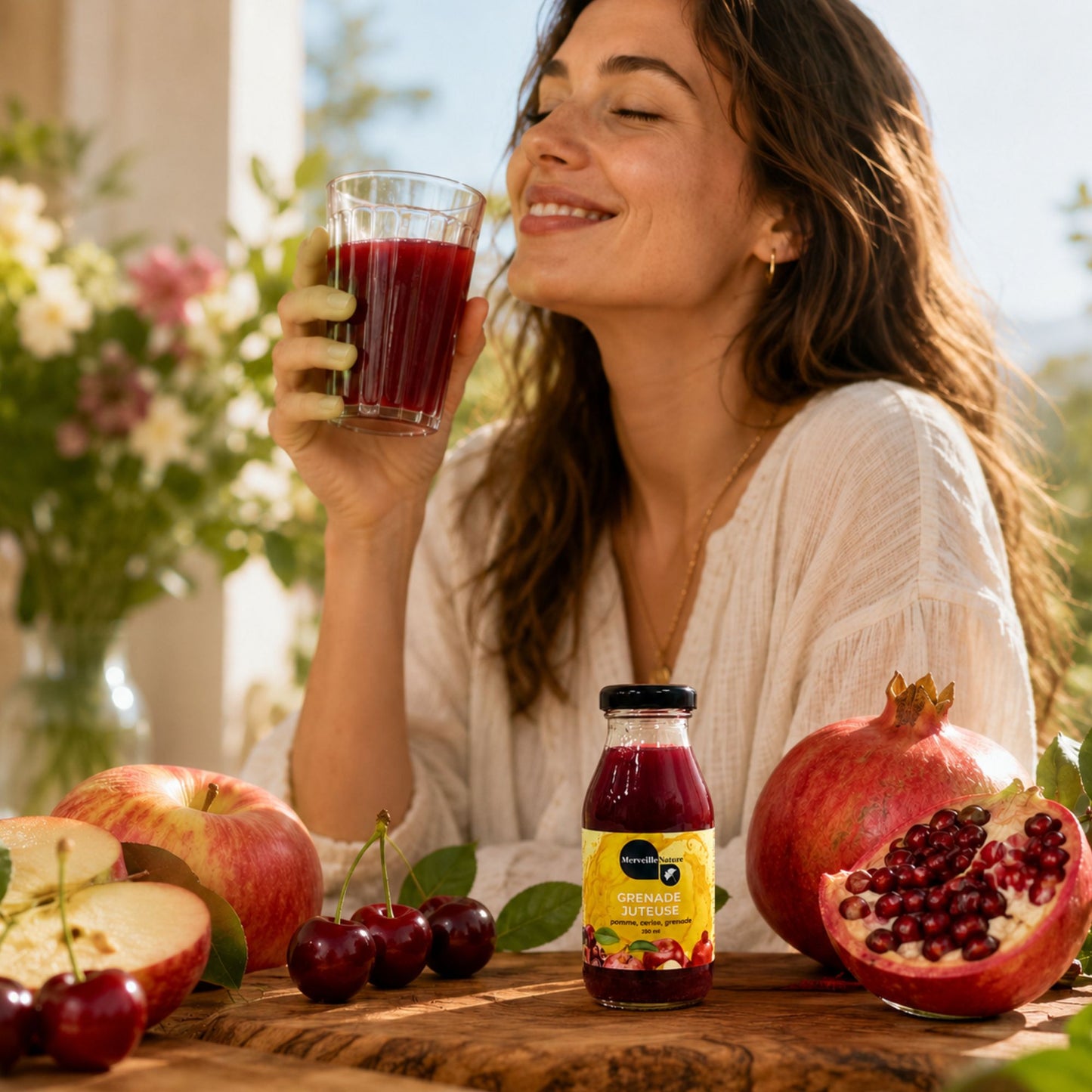 Bouteille Grenade Juteuse MerveilleNature avec verre de jus, pommes, cerises et grenade dans une ambiance naturelle et gourmande.
