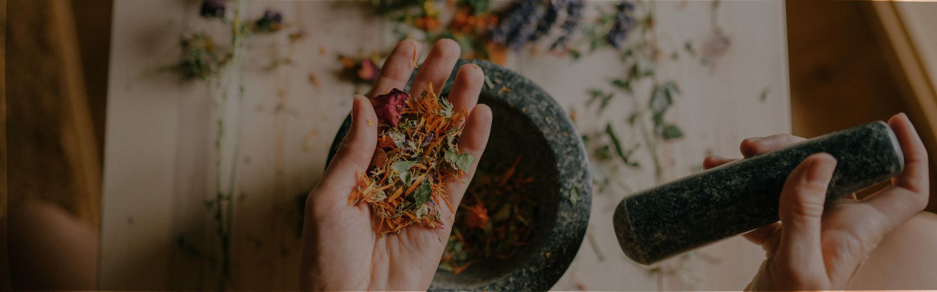 Préparation de plantes médicinales avec mortier et pilon sur une table d’herboristerie