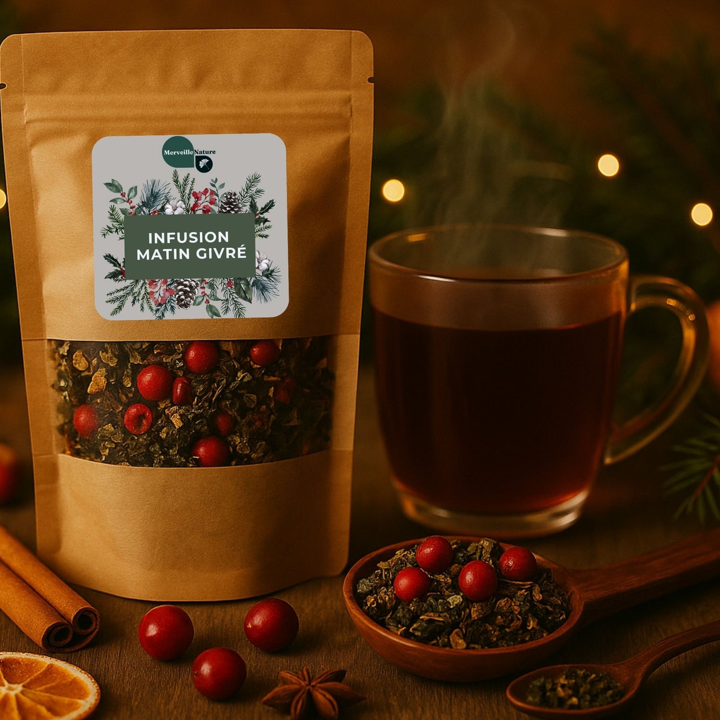 Tasse et sachet doypack d’infusion Matin Givré au thé noir et épices avec canneberge lyophilisée, entourée de décoration de Noël : bougies, sapin et ambiance festive
