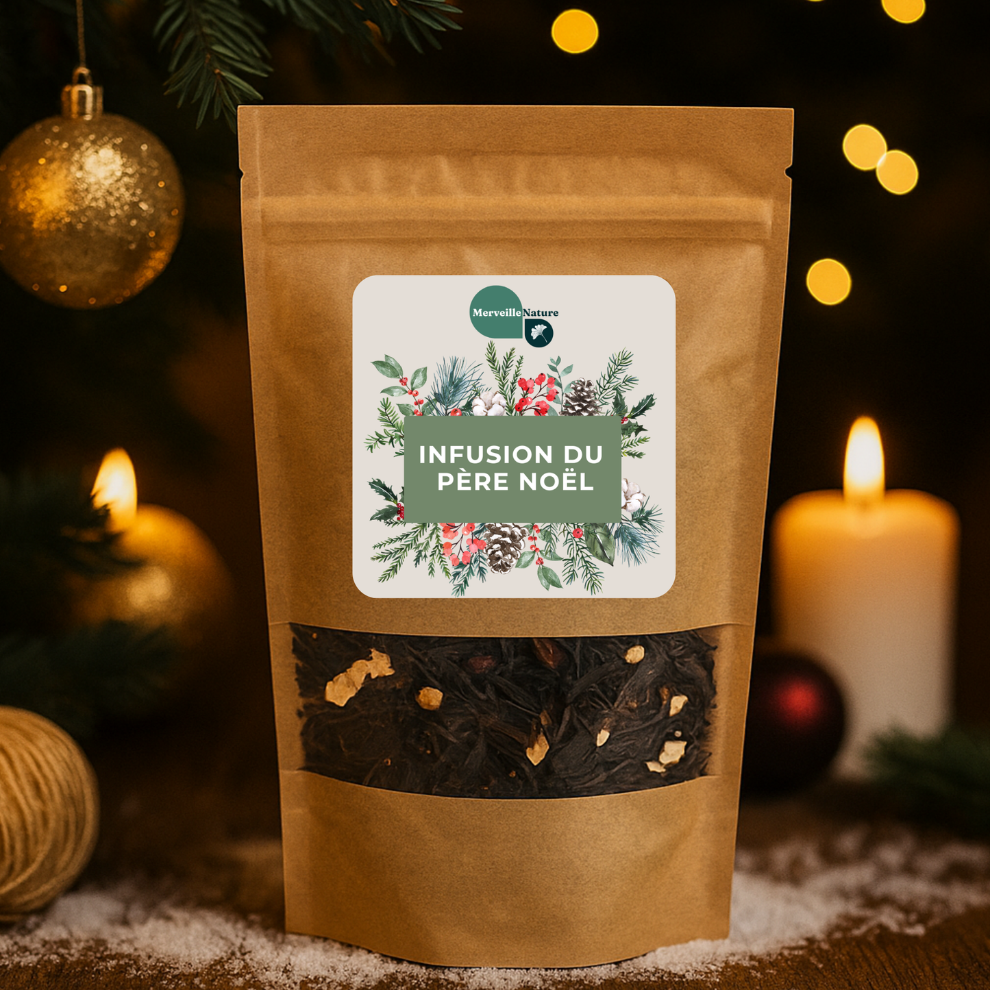 Infusion du Père Noël MerveilleNature – sachet de thé noir aux épices de Noël, entouré d’une bougie allumée, de boules décoratives et de branches de sapin dans une ambiance chaleureuse de Noël.