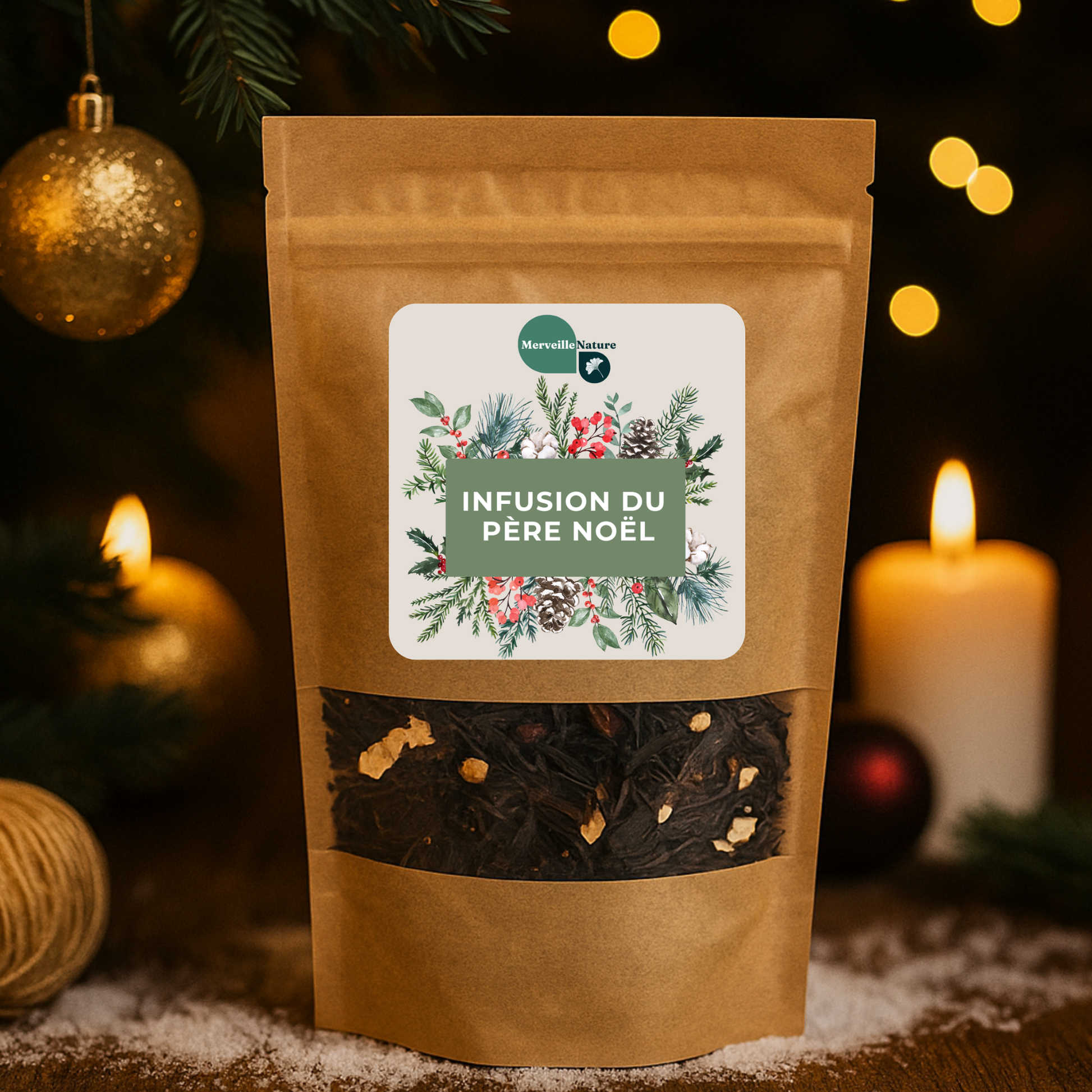 Infusion du Père Noël MerveilleNature – sachet de thé noir aux épices de Noël, entouré d’une bougie allumée, de boules décoratives et de branches de sapin dans une ambiance chaleureuse de Noël.