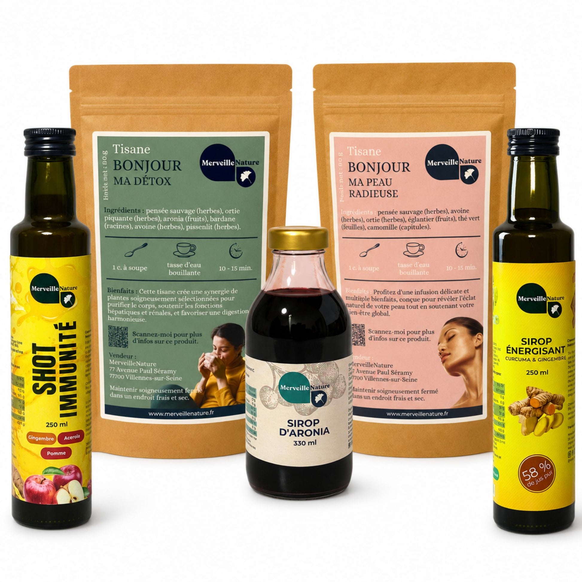 Kit Détox 15 Jours MerveilleNature sur fond blanc, comprenant 2 tisanes bien-être, 2 sirops naturels et 1 shot immunité pour le drainage du foie, la détox et la vitalité.