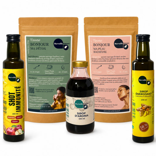Kit Détox 15 Jours MerveilleNature sur fond blanc, comprenant 2 tisanes bien-être, 2 sirops naturels et 1 shot immunité pour le drainage du foie, la détox et la vitalité.