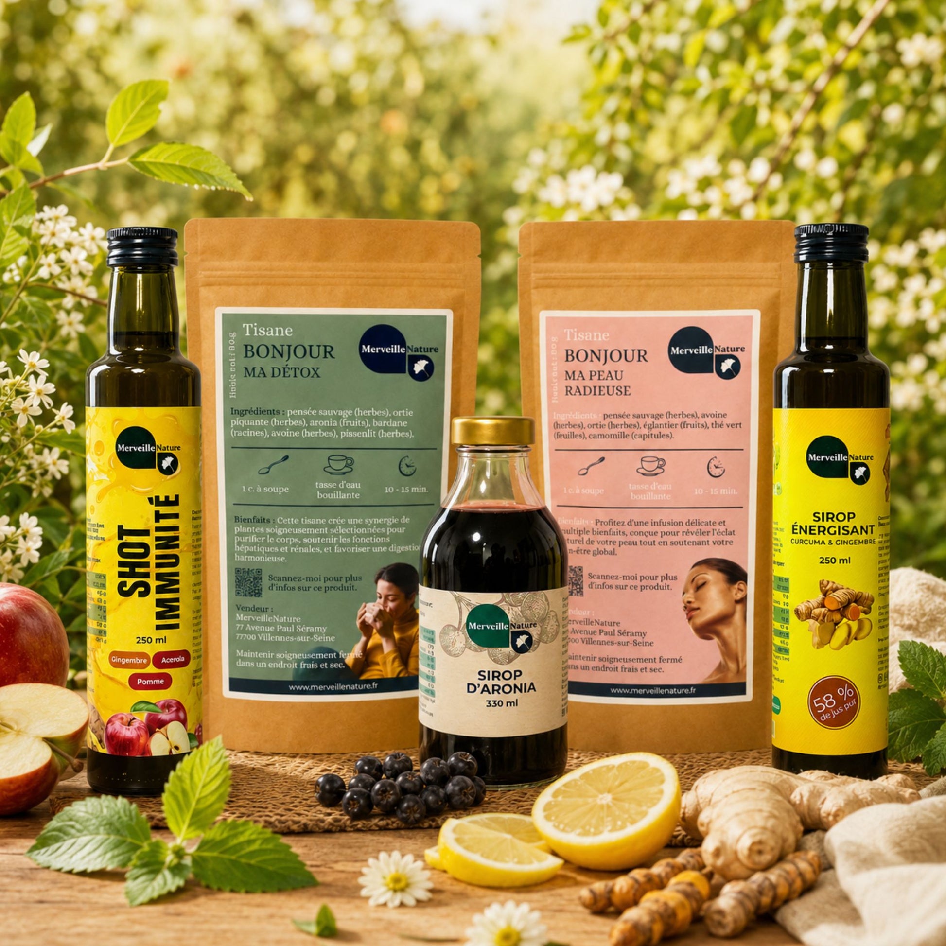 Image lifestyle du Kit Détox 15 Jours MerveilleNature avec 2 tisanes, 2 sirops et 1 shot immunité, présenté dans une ambiance naturelle pour illustrer une cure détox, drainage du foie et regain de vitalité.