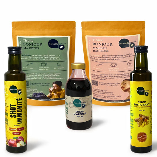 Kit détox naturel MerveilleNature avec tisanes, sirop d’aronia, shot immunité et sirop curcuma gingembre.