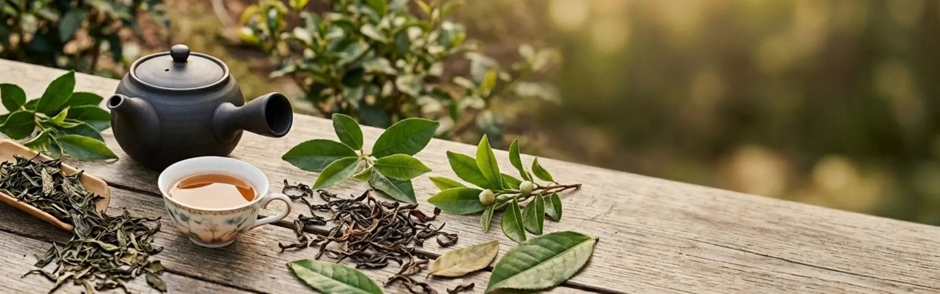 Bannière représentant une théière noire, une tasse de thé fumant, des feuilles de thé séchées et des branches de plante verte sur une table en bois, avec un fond flou de végétation pour évoquer la sérénité et la naturalité.