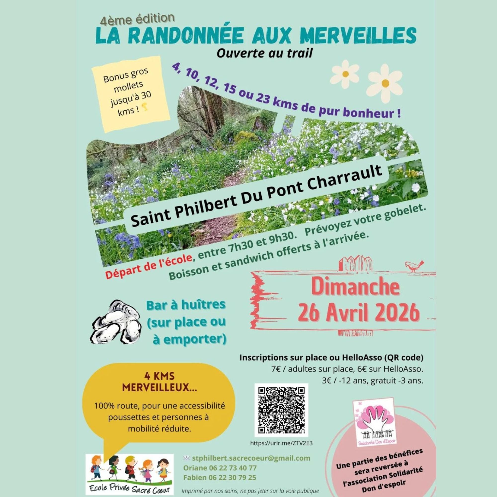 Affiche de la Randonnée aux Merveilles avec un fond vert naturel, illustrée par une forêt et un chemin. Le visuel présente les informations principales de l’événement, dont la date, les différents parcours proposés et les modalités de participation.