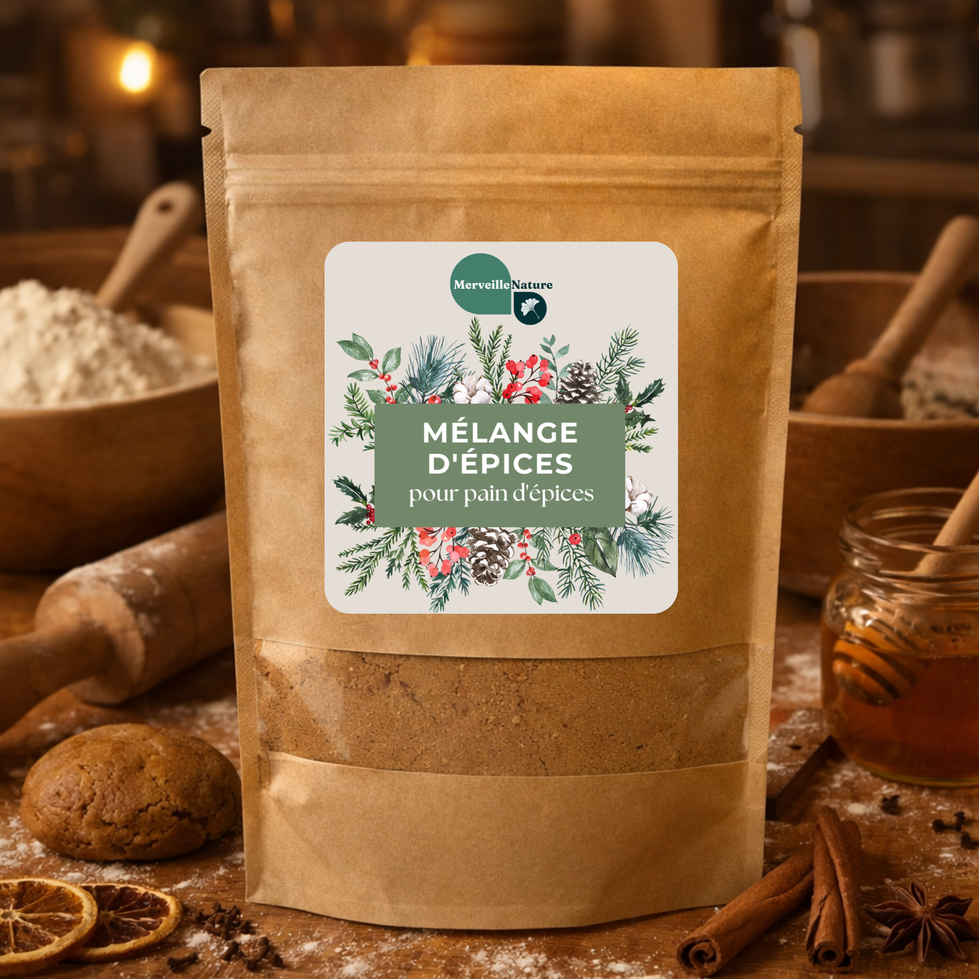 Sachet de mélange d’épices pour pain d’épices MerveilleNature posé dans une cuisine rustique, avec ingrédients de préparation et ambiance artisanale.