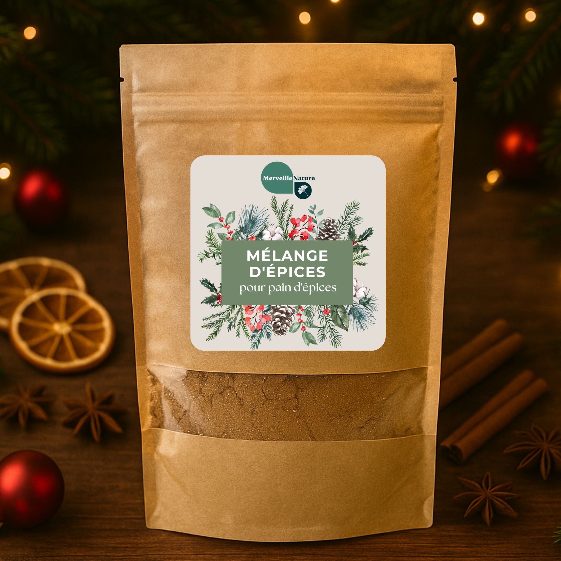 Sachet de mélange d’épices pour pain d’épices MerveilleNature en premier plan, entouré de décorations de Noël avec sapin, boules et lumières festives.