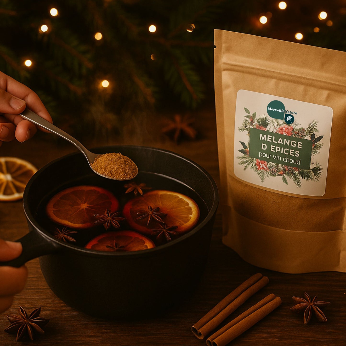 Sachet d’épices pour vin chaud MerveilleNature posé sur une table en bois, avec une casserole de vin chaud fumant à côté, ambiance cuisine rustique et hivernale.