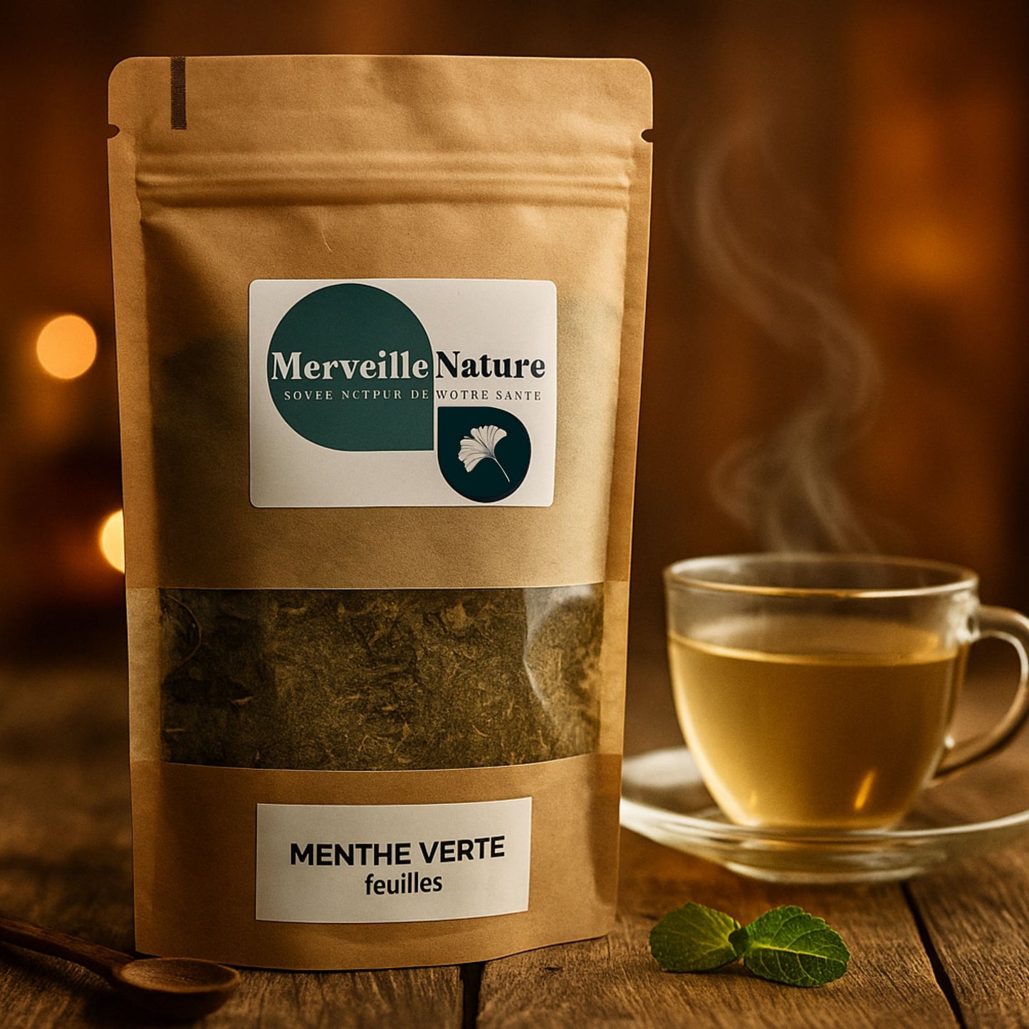 Sachet de menthe verte en feuilles posé sur une table en bois, avec une tasse d’infusion chaude à côté. Lumière douce et chaleureuse, ambiance naturelle et artisanale, évoquant la détente, le bien-être et le plaisir d’une tisane apaisante.