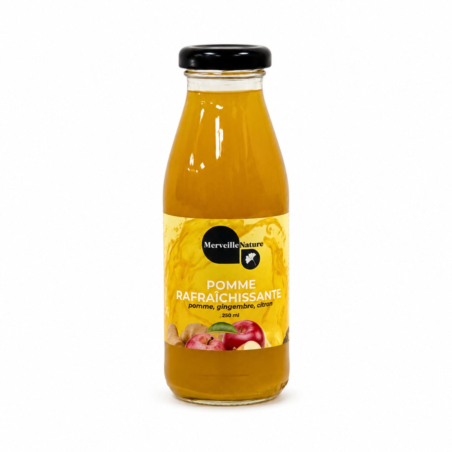 Bouteille Pomme Rafraîchissante MerveilleNature 250 ml sur fond blanc, boisson fruitée pomme, gingembre et citron.