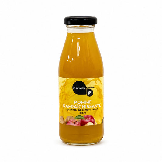 Bouteille Pomme Rafraîchissante MerveilleNature 250 ml sur fond blanc, boisson fruitée pomme, gingembre et citron.