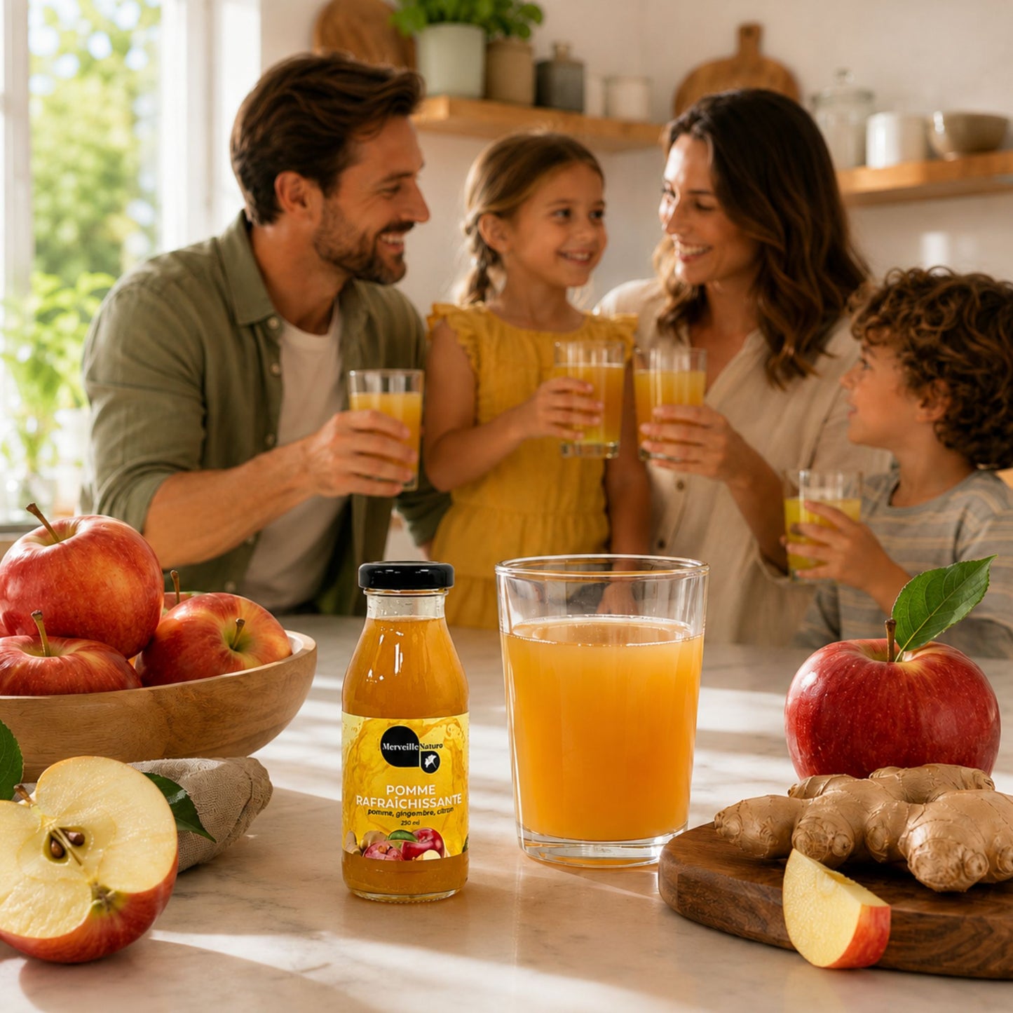 Bouteille Pomme Rafraîchissante MerveilleNature avec verre de jus, pommes et gingembre dans une cuisine familiale lumineuse.