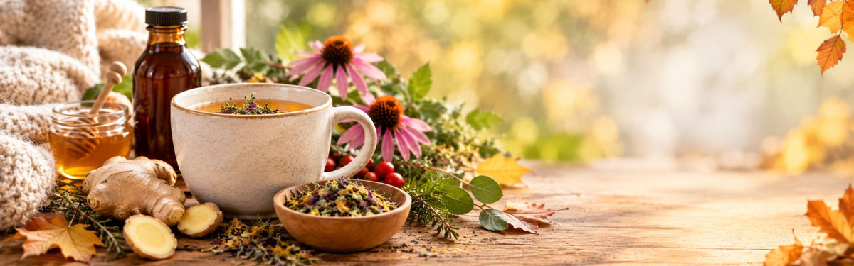 Tisane chaude, échinacée, gingembre, miel et plantes aromatiques dans une ambiance automnale chaleureuse, pour illustrer le soin des défenses naturelles en automne et en hiver.