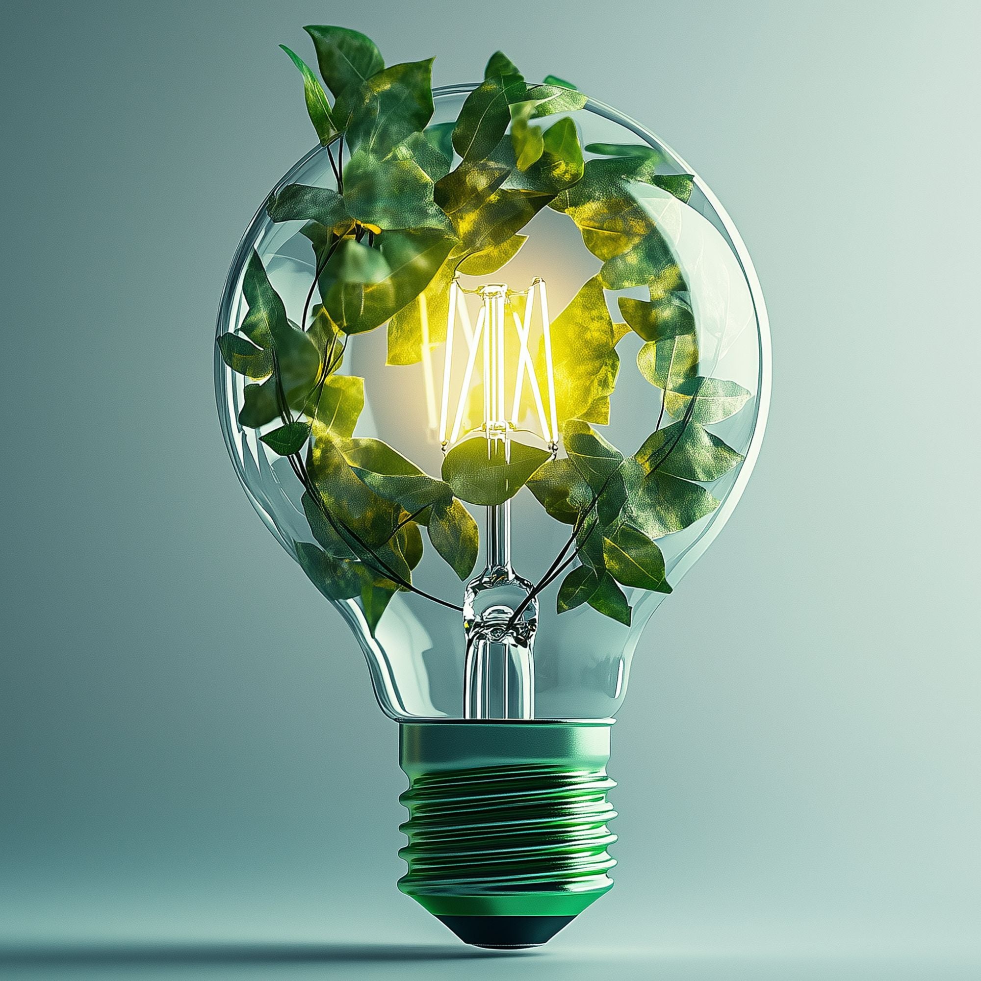 Ampoule allumée entourée de plantes symbolisant l’écoresponsabilité et la nature