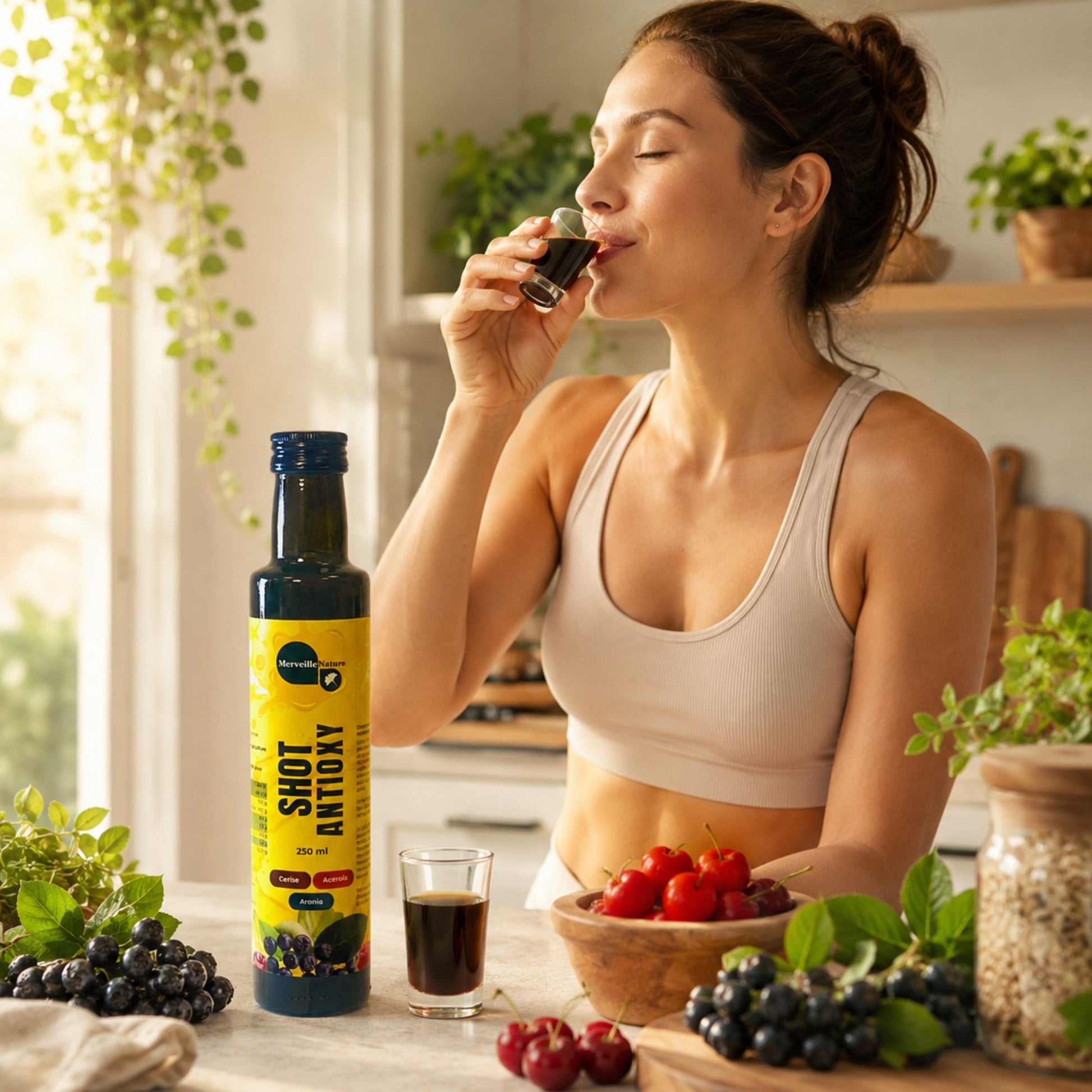 Femme buvant un shot bien-être MerveilleNature le matin dans une cuisine lumineuse avec fruits rouges, plantes et bouteille Shot Antioxy.