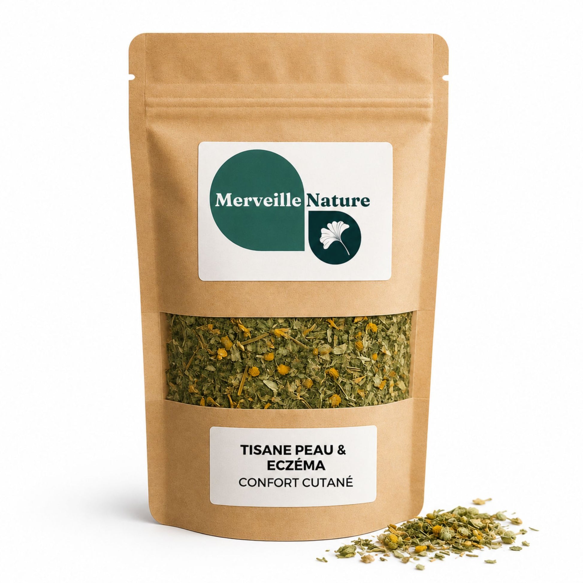Sachet de tisane peau et eczéma MerveilleNature sur fond blanc avec quelques plantes séchées, infusion bien-être pour le confort cutané