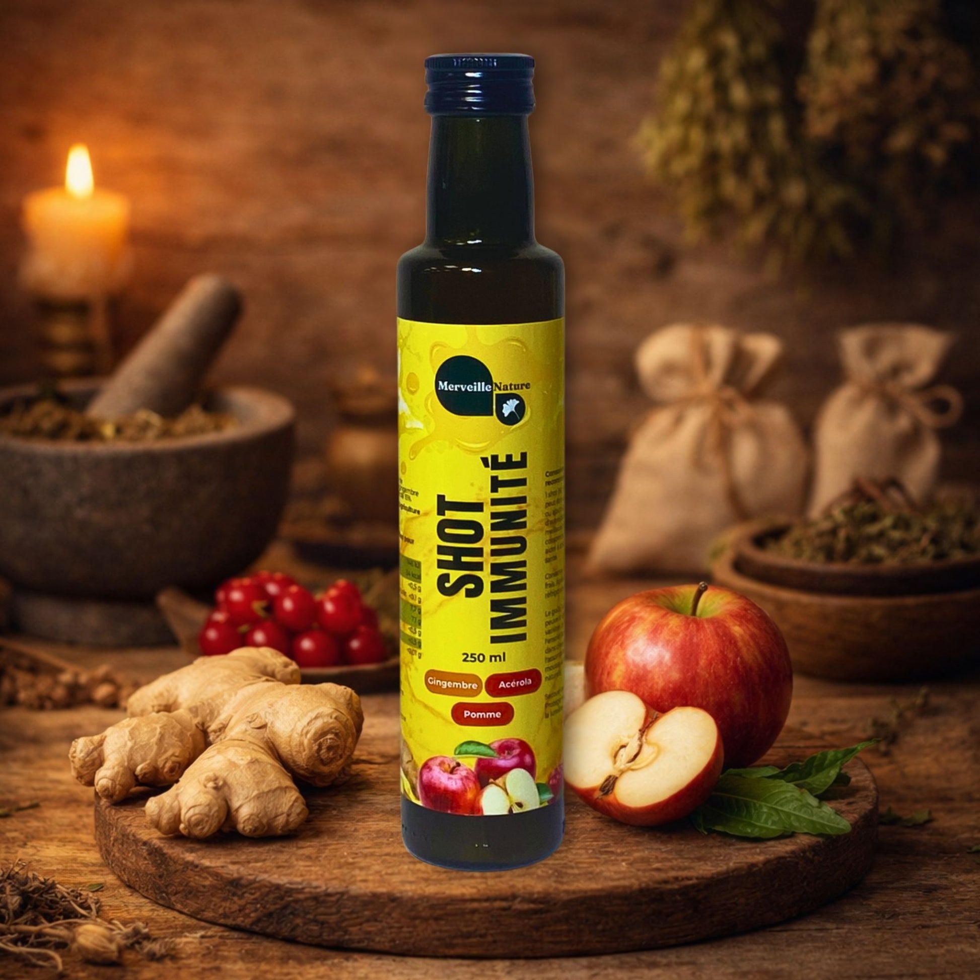 Shot Immunité MerveilleNature dans un décor artisanal en bois, avec gingembre frais, acerola et pomme, ambiance herboristerie naturelle
