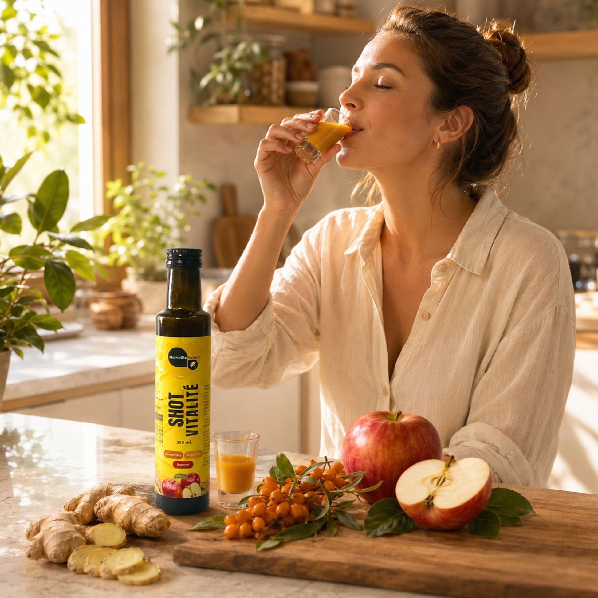 Femme buvant un shot naturel MerveilleNature le matin avec bouteille Shot Vitalité, pomme, gingembre et argousier dans une ambiance lumineuse.