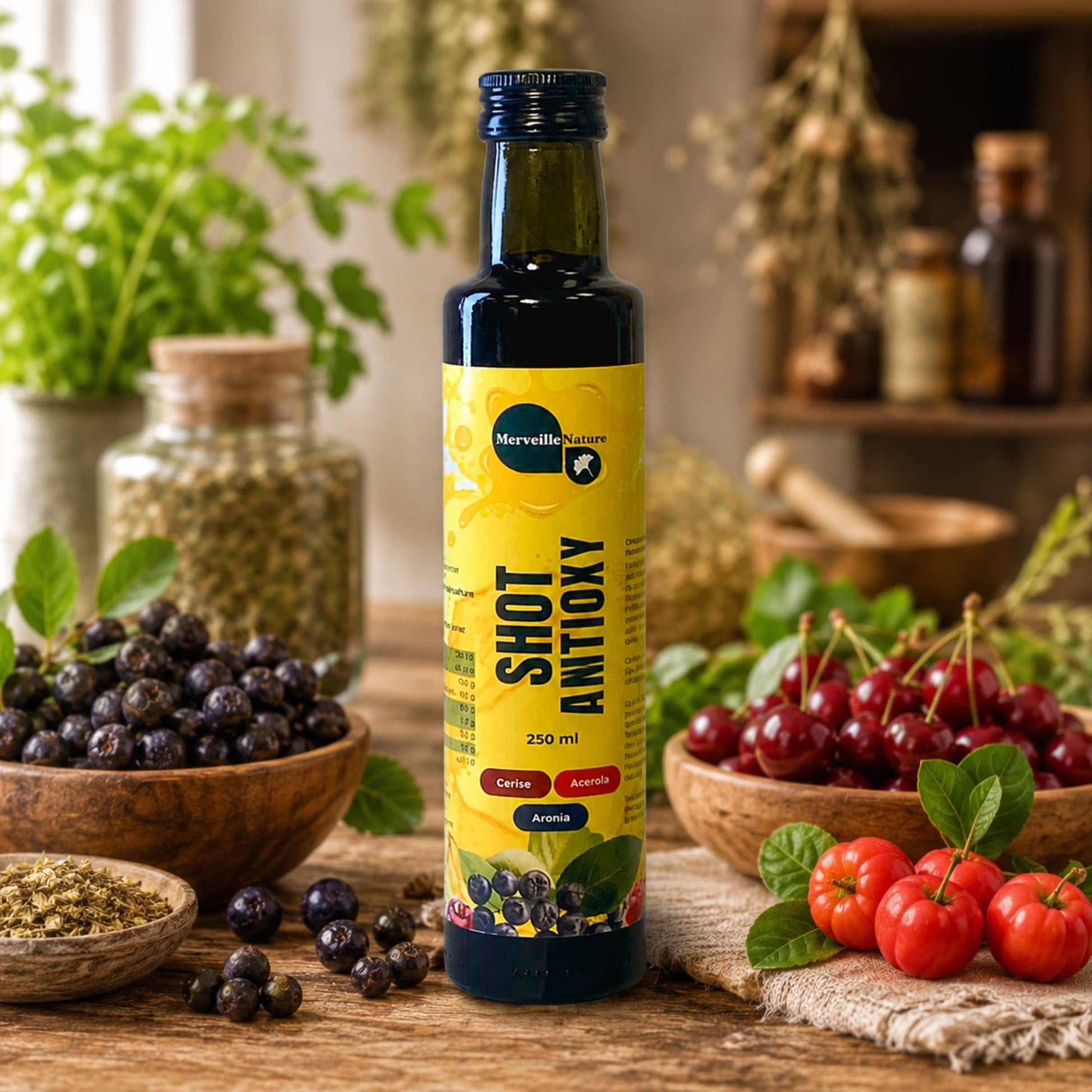 Bouteille Shot Antioxy MerveilleNature en décor naturel d’herboristerie avec aronia, cerise, acérola et plantes médicinales