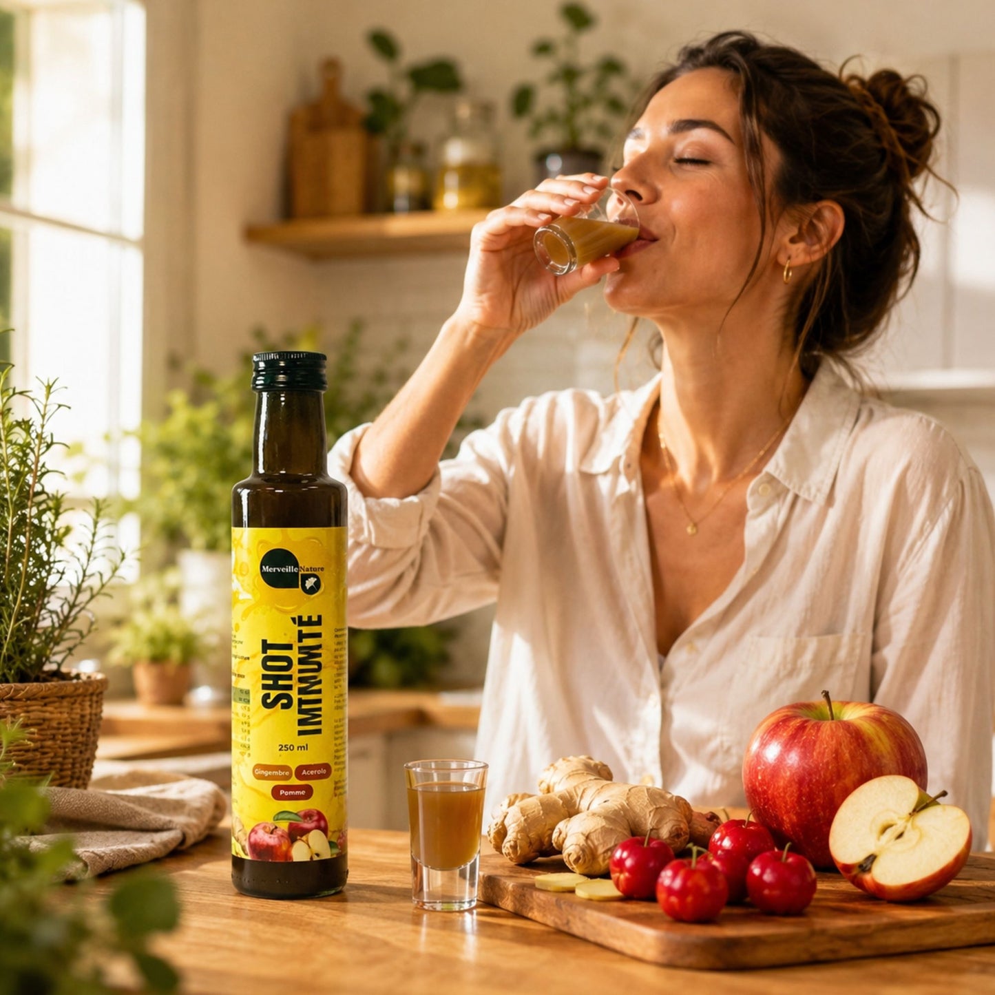 Femme buvant un shot MerveilleNature dans une cuisine naturelle avec gingembre, pomme, plantes vertes et bouteille Shot Immunité
