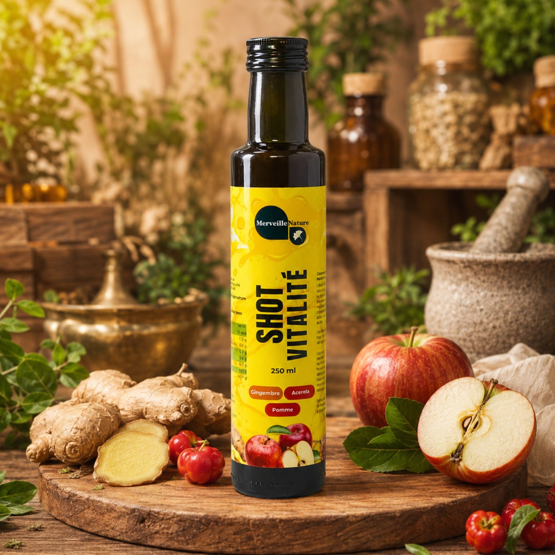 Bouteille Shot Vitalité MerveilleNature mise en scène avec gingembre, pomme, argousier et décor naturel d’herboristerie artisanale"