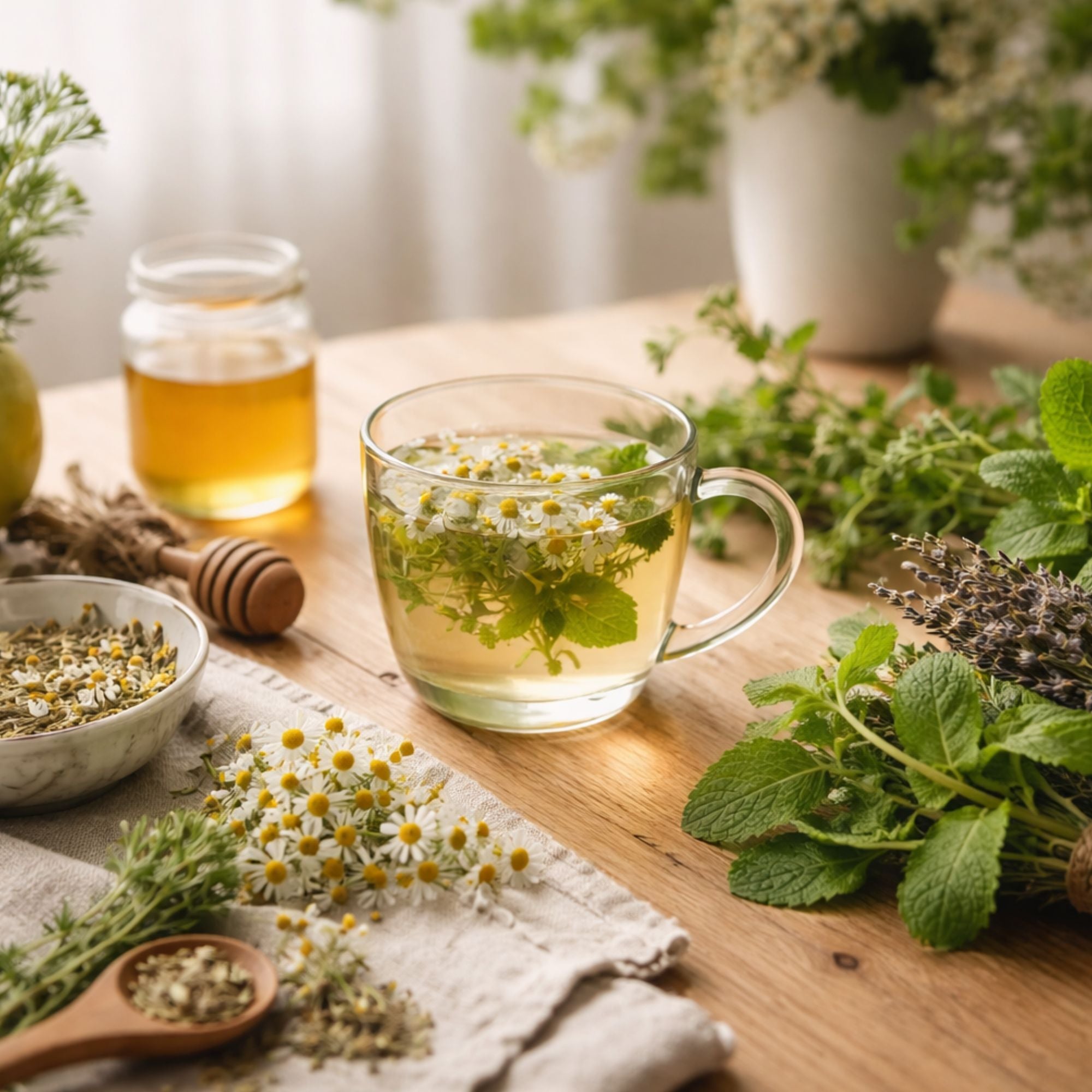 Tisane de camomille avec fleurs et miel, préparation naturelle et simple