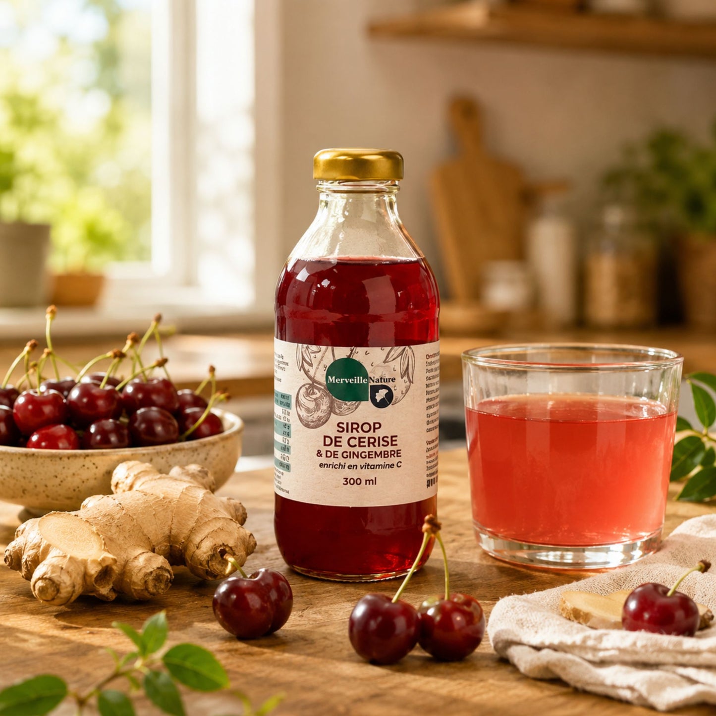 Sirop de cerise et gingembre enrichi en vitamine C MerveilleNature avec cerises fraîches, gingembre et boisson fruitée dans une cuisine naturelle.