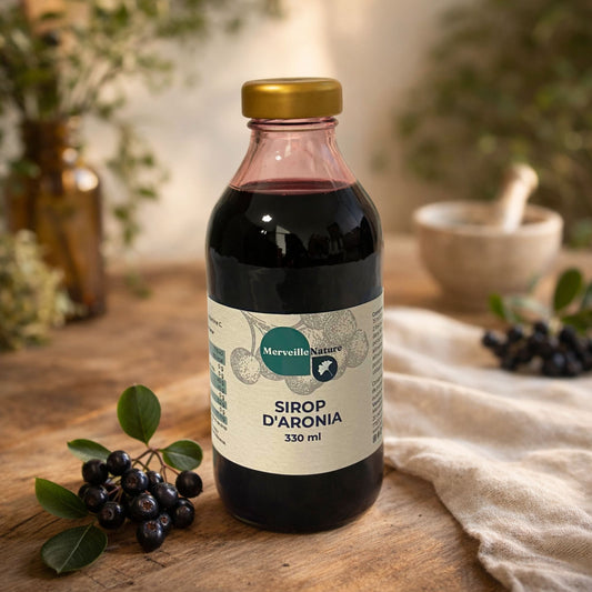 Bouteille de sirop d’aronia posée dans un décor naturel avec baies fraîches et lumière douce, ambiance phytothérapie artisanale.