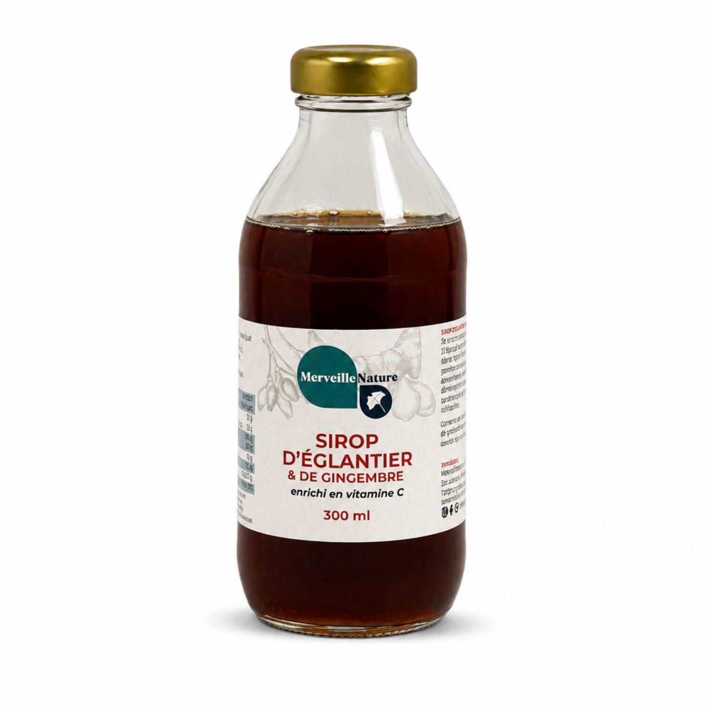 Bouteille de sirop d’églantier et gingembre MerveilleNature 300 ml enrichi en vitamine C sur fond blanc, sirop naturel pour boisson bien-être.