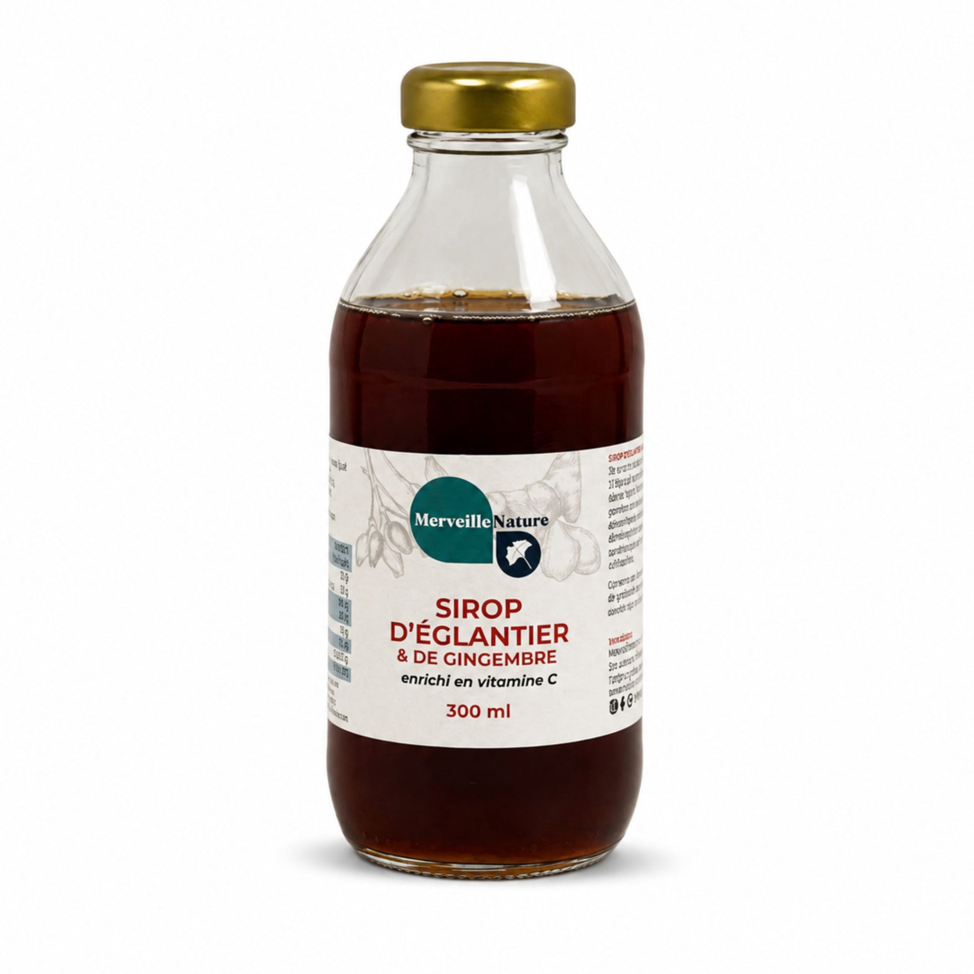 Bouteille de sirop d’églantier et gingembre MerveilleNature 300 ml enrichi en vitamine C sur fond blanc, sirop naturel pour boisson bien-être.