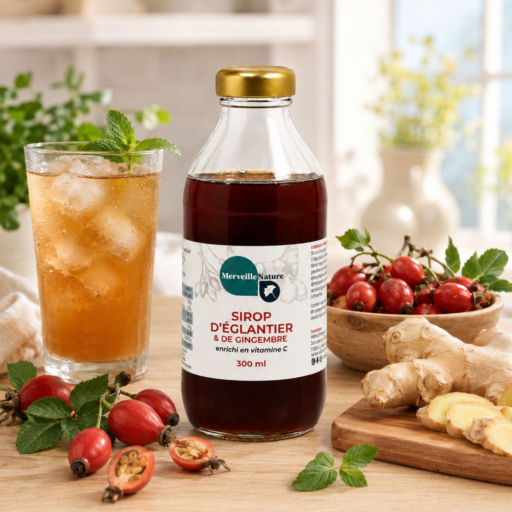 Bouteille de sirop d’églantier et gingembre enrichi en vitamine C MerveilleNature avec gingembre frais, cynorrhodons et boisson glacée dans une ambiance naturelle et lumineuse.