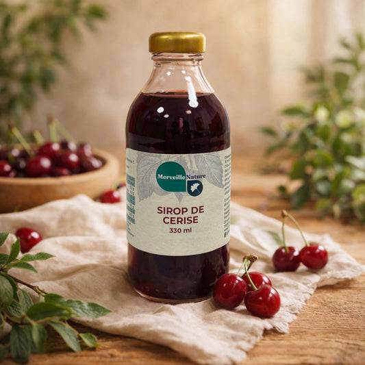 Bouteille de sirop de cerise présentée dans un décor naturel avec cerises fraîches et lumière douce, ambiance artisanale et chaleureuse.