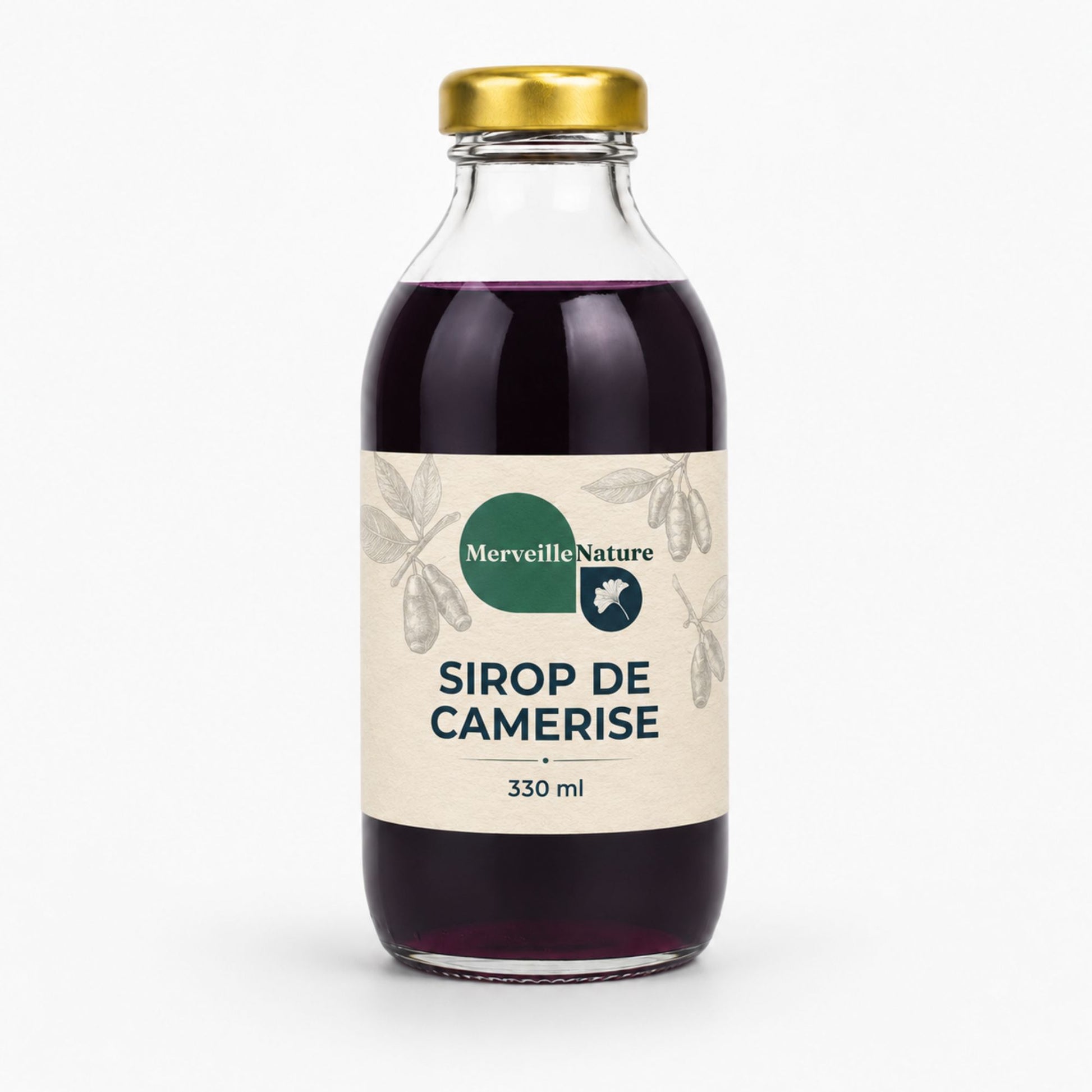 Bouteille de sirop de camerise Merveille Nature 330 ml sur fond blanc, sirop artisanal aux baies pour boissons, desserts et recettes maison.