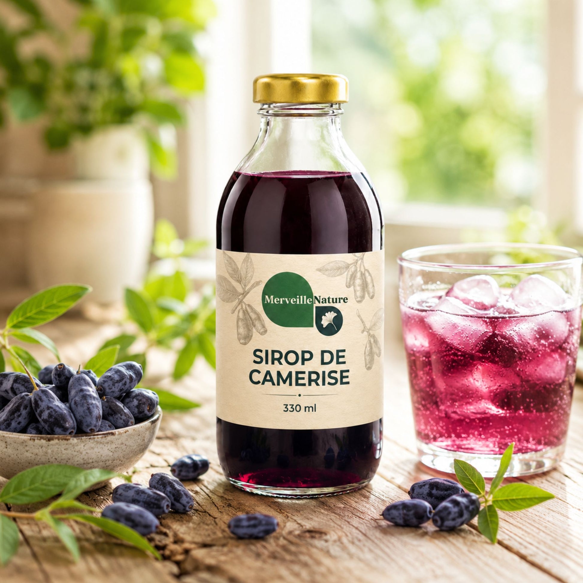 Bouteille de sirop de camerise Merveille Nature avec baies de camerise fraîches et boisson glacée dans une ambiance naturelle, gourmande et rafraîchissante.